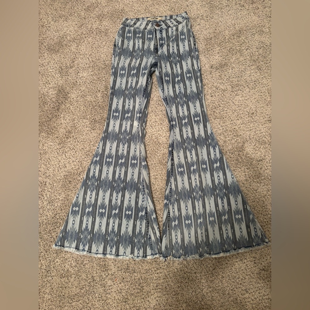 Blue Patterned Bell Bottom Jeans - image 2